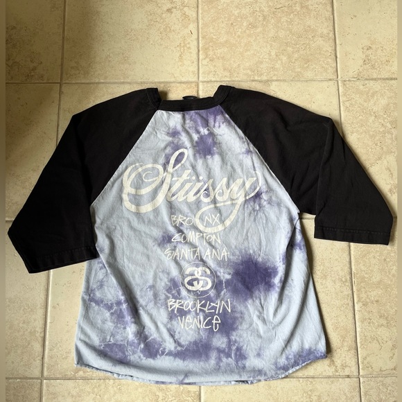 🦕STUSSY🦕-Vintage Distressed Stussy 3/4 Sleeve Tee-Blue/Purple Tie-dye-Small - Picture 4 of 7